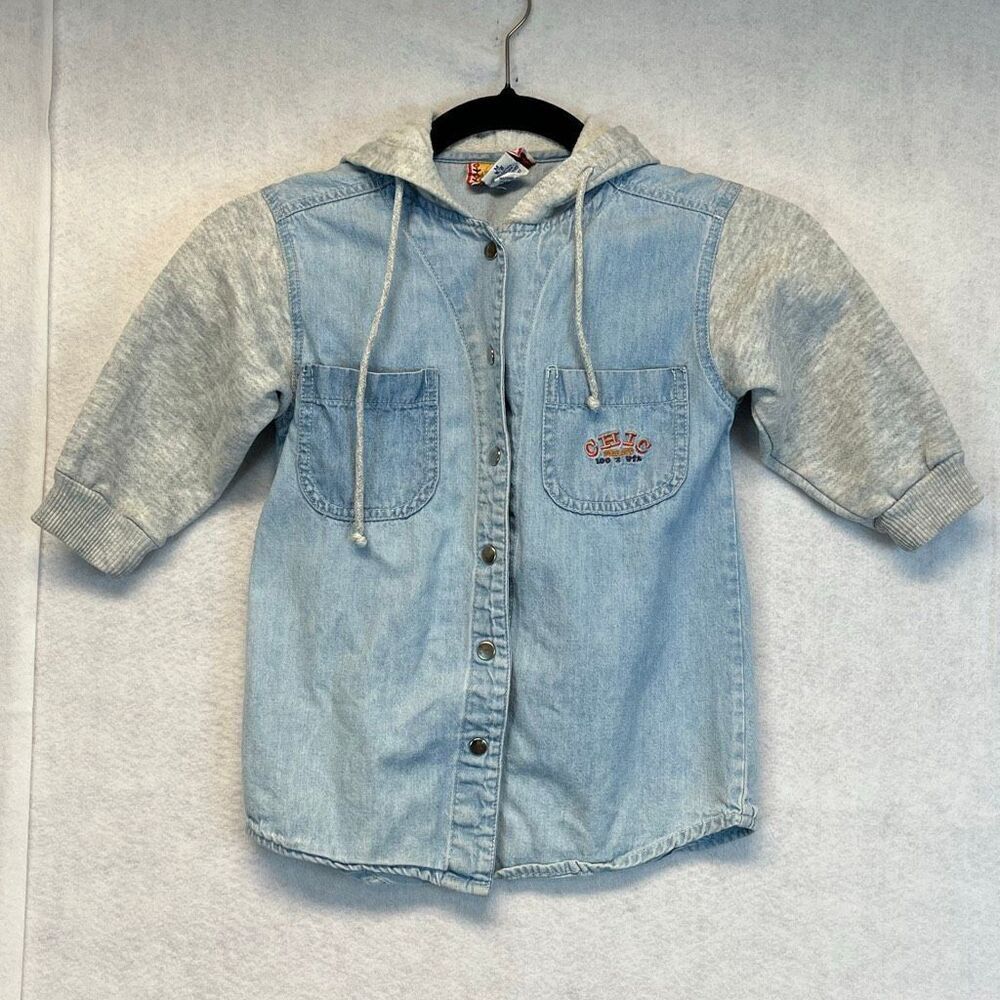 Vintage CHIC JEANS Shirt Girls Med 5/6‎ Gray Blue Denim Snap Button Front Hooded